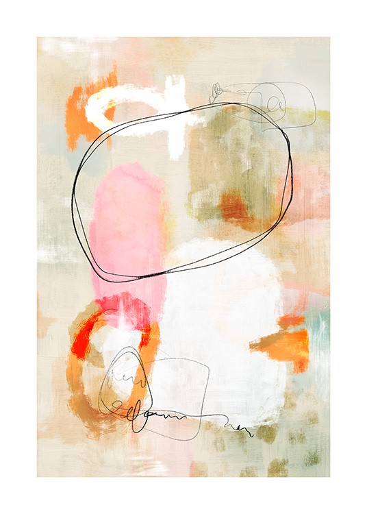  – Abstrakti akvarellimaalaus oransseista, vaaleanpunaisista, mustista ja valkoisista kuvioista beigellä ja vihreällä taustalla