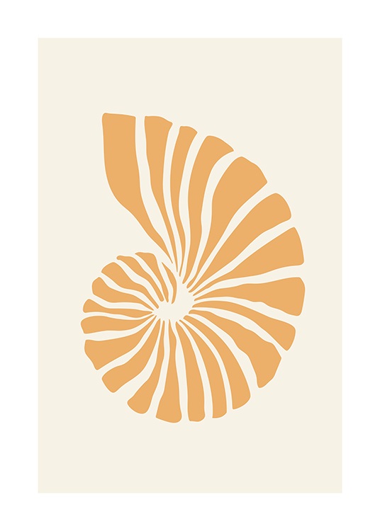  – Graafinen kuvitus oranssista simpukankuoresta vaaleanbeigellä taustalla