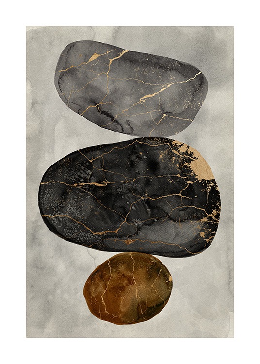  – Akvarellimaalaus harmaiden ja mustien kivien kultaisista halkeamista vaaleanharmaalla taustalla