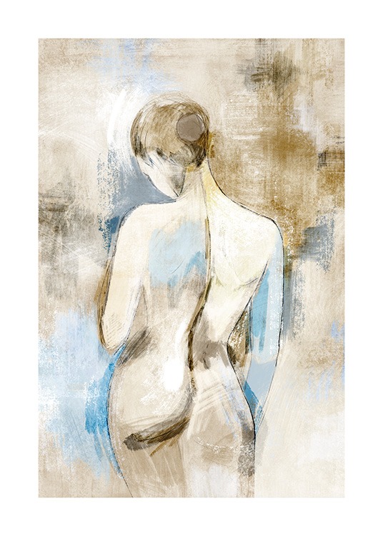  – Maalaus alastoman naisen selästä sinisellä ja beigellä taustalla