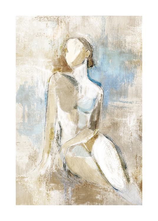  – Maalaus alastomasta istuvasta naisesta beigellä ja sinisellä taustalla