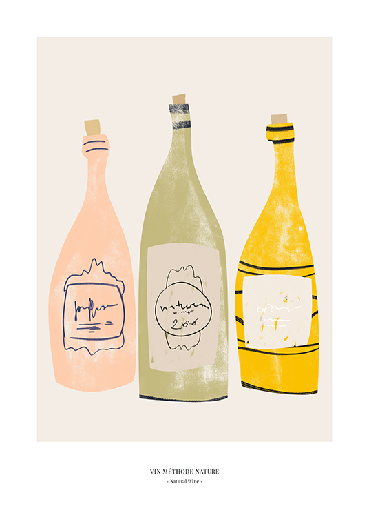  – Graafinen kuvitus vaaleanpunaisista, vihreistä ja keltaisista viinipulloista beigellä taustalla ja tekstillä alareunassa