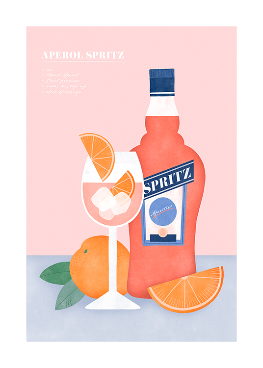  – Graafinen kuvitus Aperol Spritzistä ja appelsiineista sinisellä ja vaaleanpunaisella taustalla ja reseptillä yläreunassa