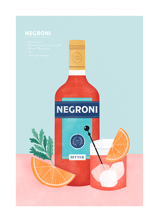  – Graafinen kuvitus punaisesta Negroni-pullosta ja lasista vasten sinistä ja vaaleanpunaista taustaa reseptillä yläreunassa