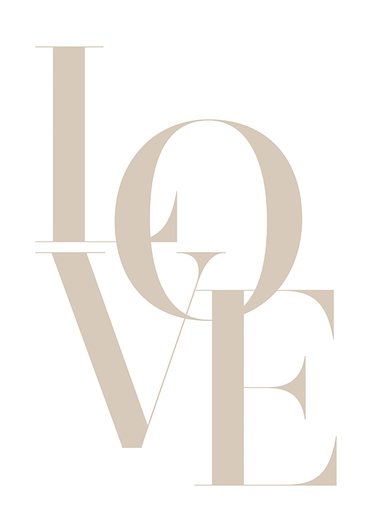  – Sana ”Love” suurilla beigeillä kirjaimilla vasten valkoista taustaa