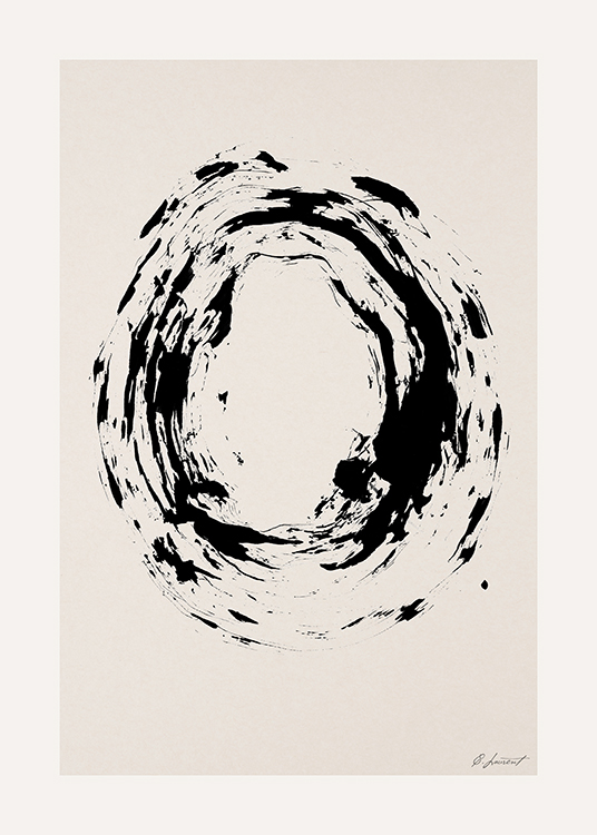  – Maalaus beigelle taustalle mustalla maalatusta ympyrästä, jonka rakenne on epätasainen