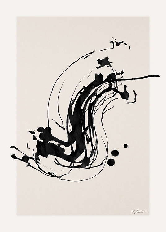  – Maalaus abstraktista mustan maaliroiskeen luomasta muodosta beigellä taustalla