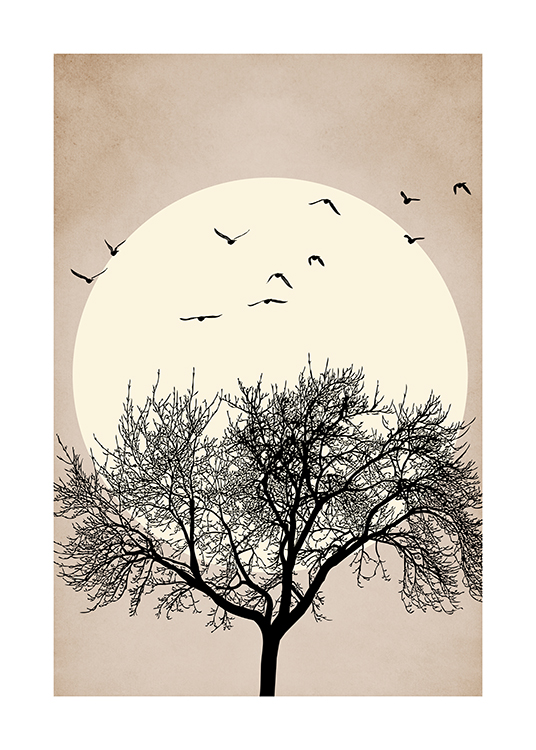  – Graafinen kuvitus suuresta mustasta puusta lintuja yläpuolellaan ja keltainen aurinko taustallaan