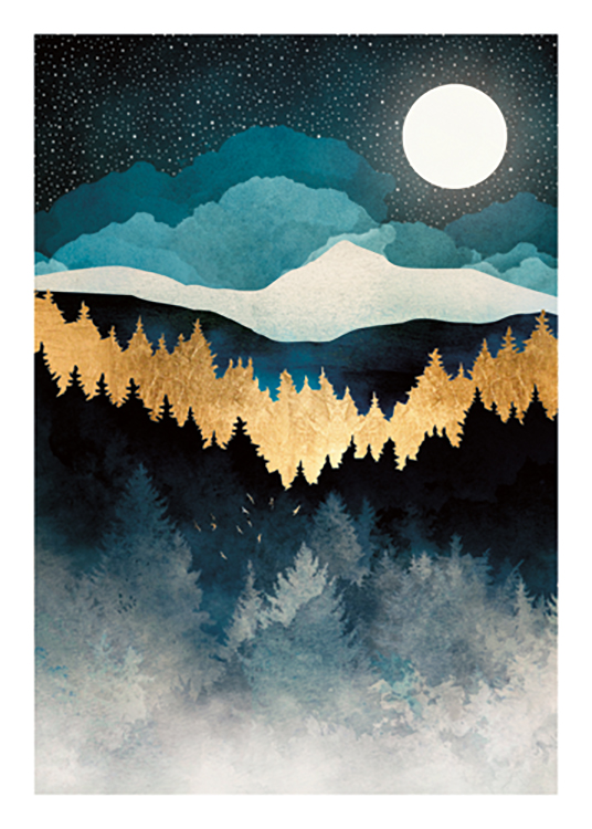  – Graafinen kuvitus metsästä kultaisine ja sinisine puineen kuu ja tähtiä taustallaan