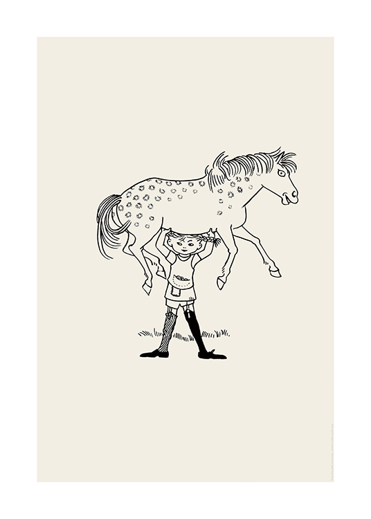  – Piirros Peppi Pitkätossusta pitelemässä hevostaan päänsä yläpuolella