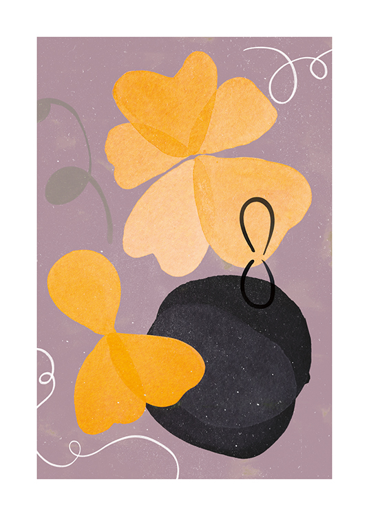  – Abstrakti piirros keltaisista ja mustista kukista violetilla taustalla