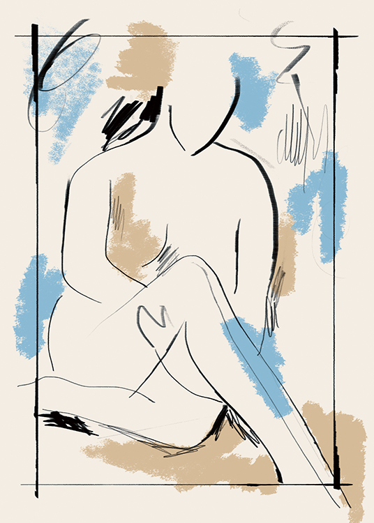  – Maalaus istuvasta alastomasta vartalosta rajattuna sinisillä, mustilla ja beigeillä siveltimenvedoilla vaaleanbeigellä taustalla