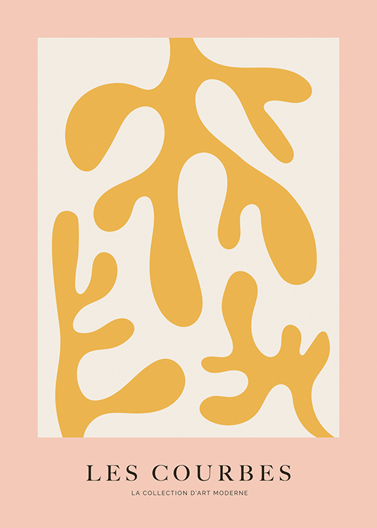  – Graafinen piirros keltaisesta abstraktista korallista vaaleanharmaalla ja vaaleanpunaisella taustalla