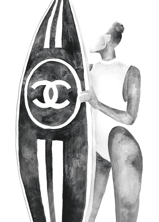  – Harmaa piirros naisesta ja surffilaudasta, jossa Chanel-logo