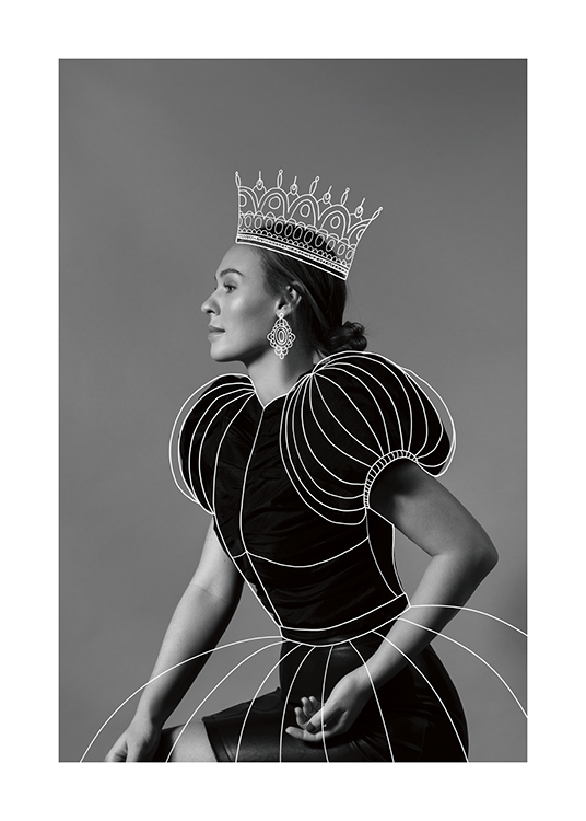  – Mustavalkoinen valokuva naisen profiilista ja piirretystä mekosta ja kruunusta