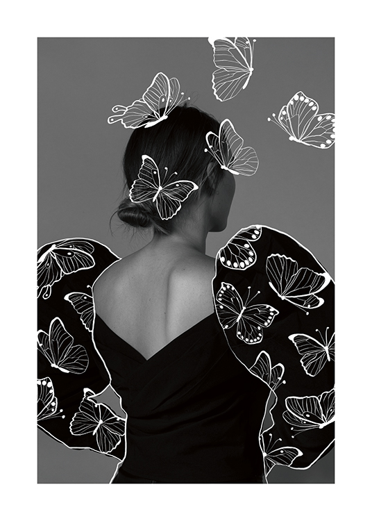  – Mustavalkoinen valokuva takaapäin kuvatusta valkoisten piirrettyjen perhosten ympäröimästä naisesta