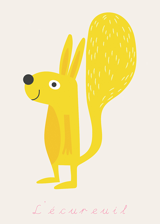  – Graafinen piirros keltaisesta hymyilevästä oravasta vaaleanharmaata taustaa vasten