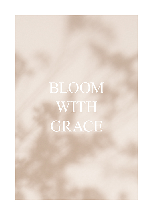  – Valokuva kukkien varjosta vaaleanbeigellä taustalla ja valkoisella tekstillä