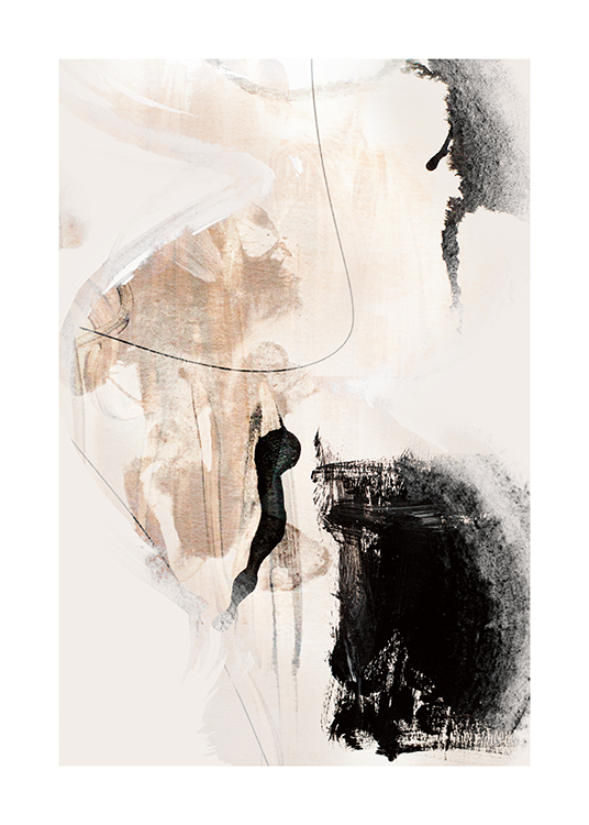  – Abstrakti maalaus beigeistä ja mustista kuvioista vaalealla taustalla