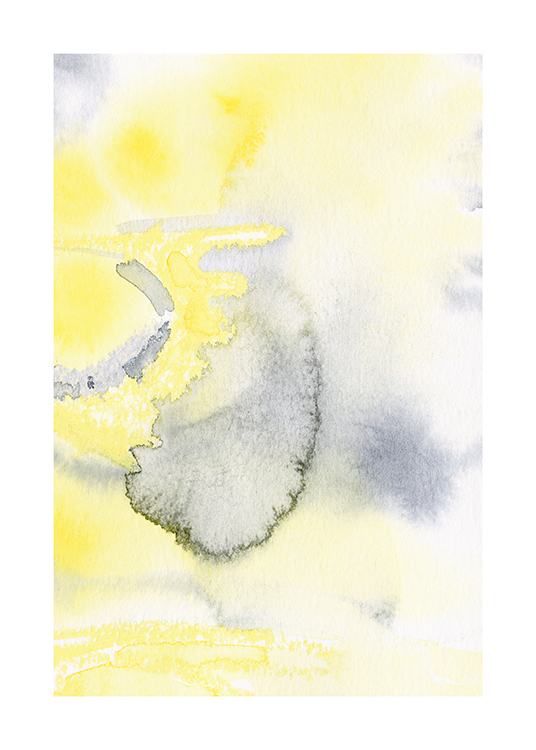  – Maalaus abstraktista keltaisesta muodosta siniharmailla yksityiskohdilla