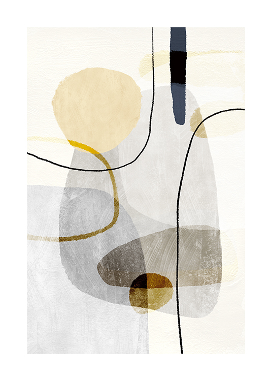  – Abstrakti kuvitus keltaisilla ja harmailla muodoilla ja viivoilla