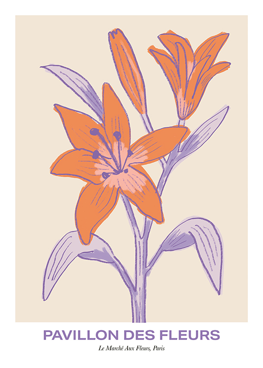  – Piirros värikkäistä liljoista, vaaleanruskeista terälehdistä ja violeteista lehdistä beigellä taustalla
