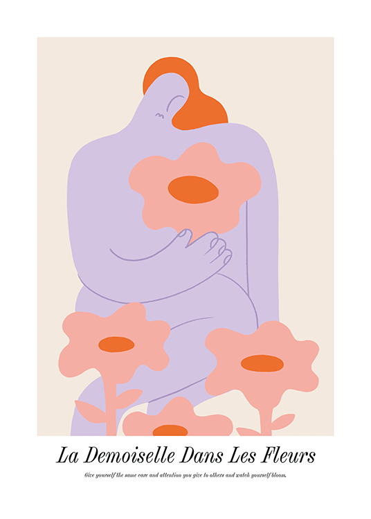  – Piirros abstraktista violetista naisesta vaaleanpunaisten kukkien ympäröimänä beigellä taustalla