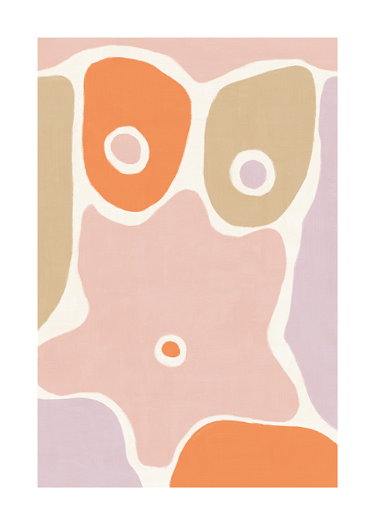  – Abstrakti piirros vartalosta, joka muodostuu violeteista, vaaleanpunaisista, oransseista ja beigeistä kuvioista