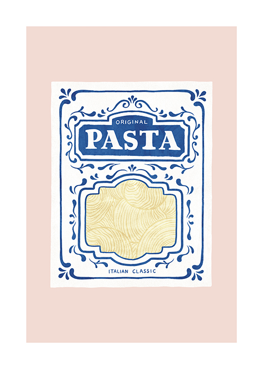  – Piirros sinivalkoisen pastakastiketölkistä vaaleanpunaisella taustalla