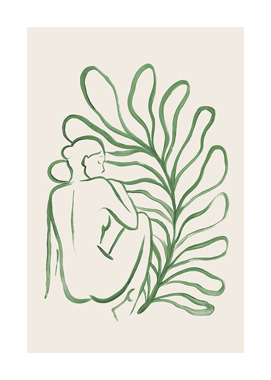  – Piirros vihreällä hahmotellusta suuresta lehdestä ja alastomasta naisesta beigellä taustalla