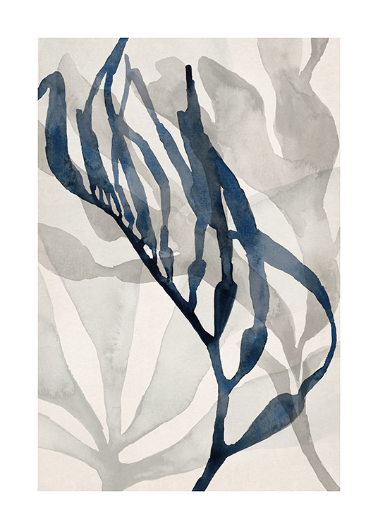 – Akvarellimaalaus abstrakteista harmaista ja sinisistä meriheinistä vaaleanbeigellä taustalla