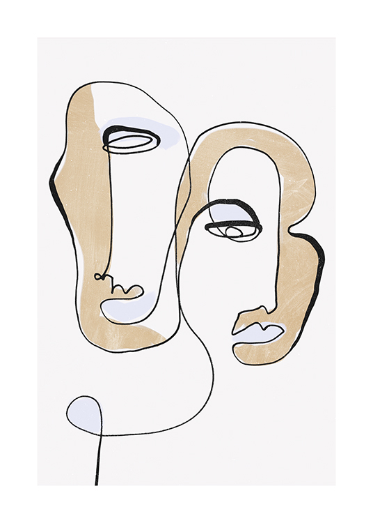  – Abstrakti piirros kaksista mustalla rajatuista kasvoista sinisillä ja beigeillä yksityiskohdilla