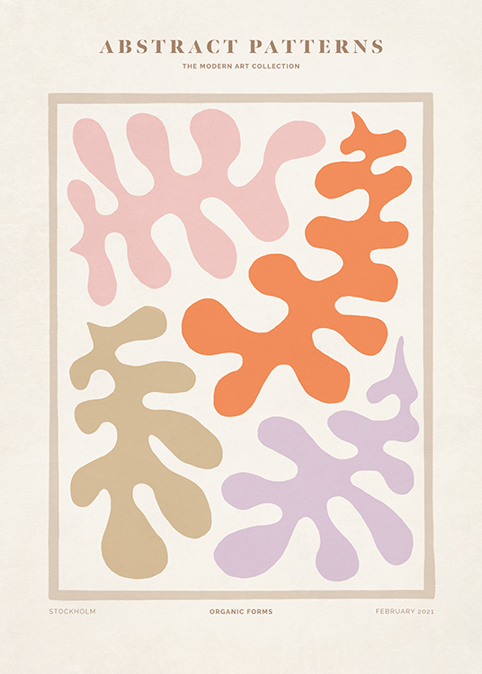  – Graafinen piirros värikkäistä korallikuvioista vaaleanbeigellä taustalla ja tekstillä ylä- ja alareunassa