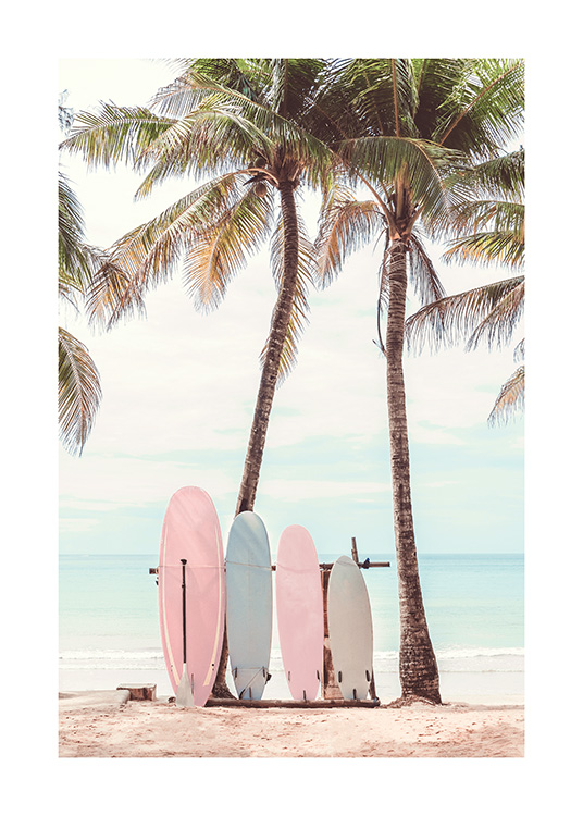  – Valokuva värikkäistä surffilaudoista, jotka nojaavat kahta palmupuuta vasten