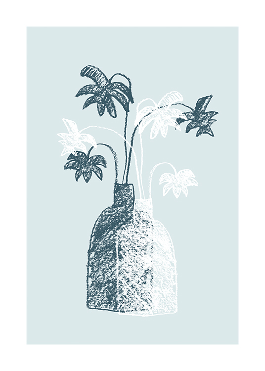  – Piirros sinisestä ja valkoisesta maljakosta palmunlehtineen