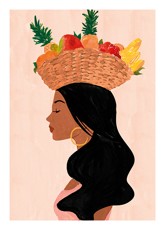 – Sivukuva mustahiuksisesta naisesta, jolla on hedelmäkori päänsä päällä