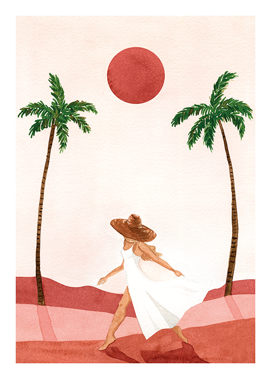  – Piirros naisesta kävelemässä punaisella hiekalla valkoisessa mekossa ja aurinkohatussa palmut taustallaan