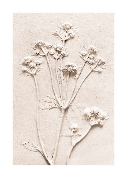  – Valokuva kimpusta beigejä kukkia beigellä betonitaustalla