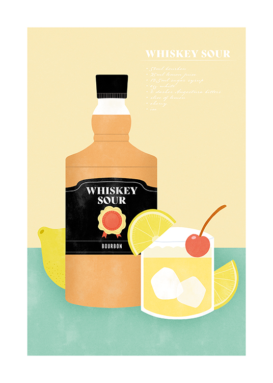  – Graafinen piirros viskipullosta ja lasillisesta whiskey sour -juomaa sitruunoiden ja kirsikoiden kera