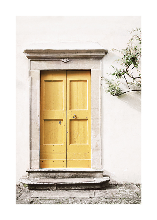  – Valokuva valkoisesta rakennuksesta, jonka keskellä keltainen ovi ja seinällä lehtiä ja oksia