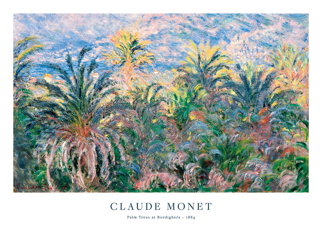  – Monet’n maalaus värikkäistä, abstrakteista palmuista ja sinisestä ja vaaleanpunaisesta taivaasta taustalla