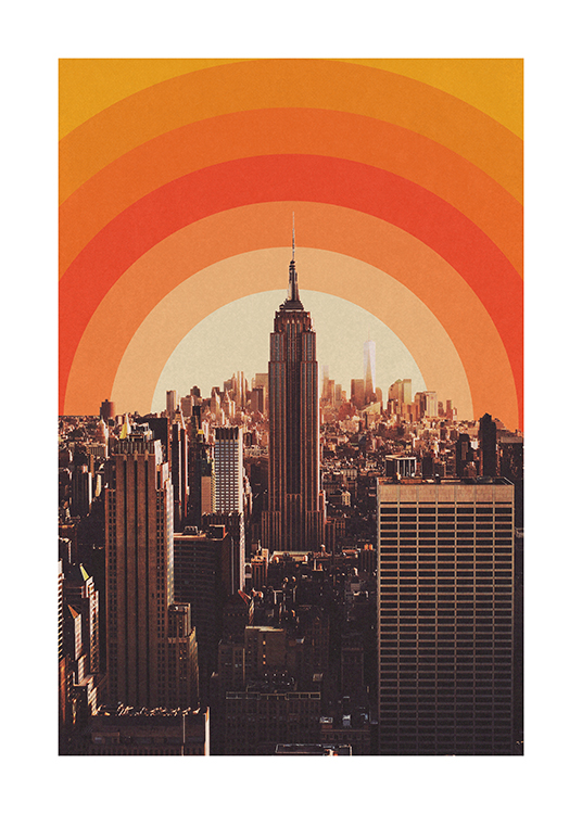  – Valokuva New Yorkin rakennuksista, joiden taustalla on abstrakti, graafinen auringonlasku