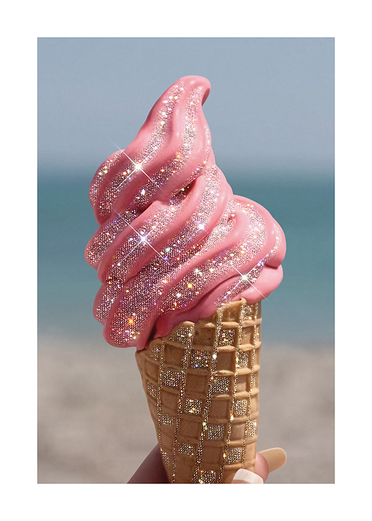  – Valokuva kimaltelevasta, vaaleanpunaisesta jäätelötötteröstä