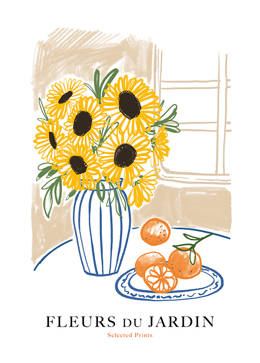  – Piirros auringonkukista maljakossa appelsiineja vierellään ja tekstillä alareunassa
