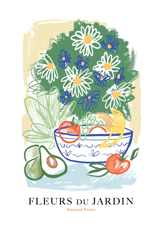 – Piirros kukkakimpusta sekä hedelmistä ja vihanneksista kulhossa