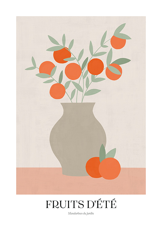  – Graafinen piirros maljakosta, jossa appelsiineja vaaleanpunaista ja harmaanbeigeä taustaa vasten