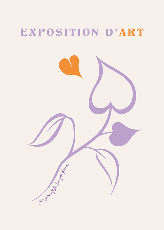  – Taidenäyttelytyylinen juliste violetilla kukka-aiheisella viivapiirroksella