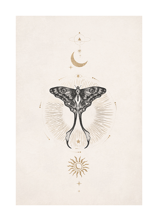  – Symmetrinen juliste kuusta, auringosta ja perhosesta