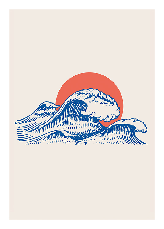  – Piirros sinisistä meren aalloista ja punaisesta auringosta niiden takana beigellä taustalla