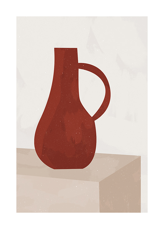  – Käsinpiirretty piirros punaisesta keramiikkamaljakosta beigellä taustalla